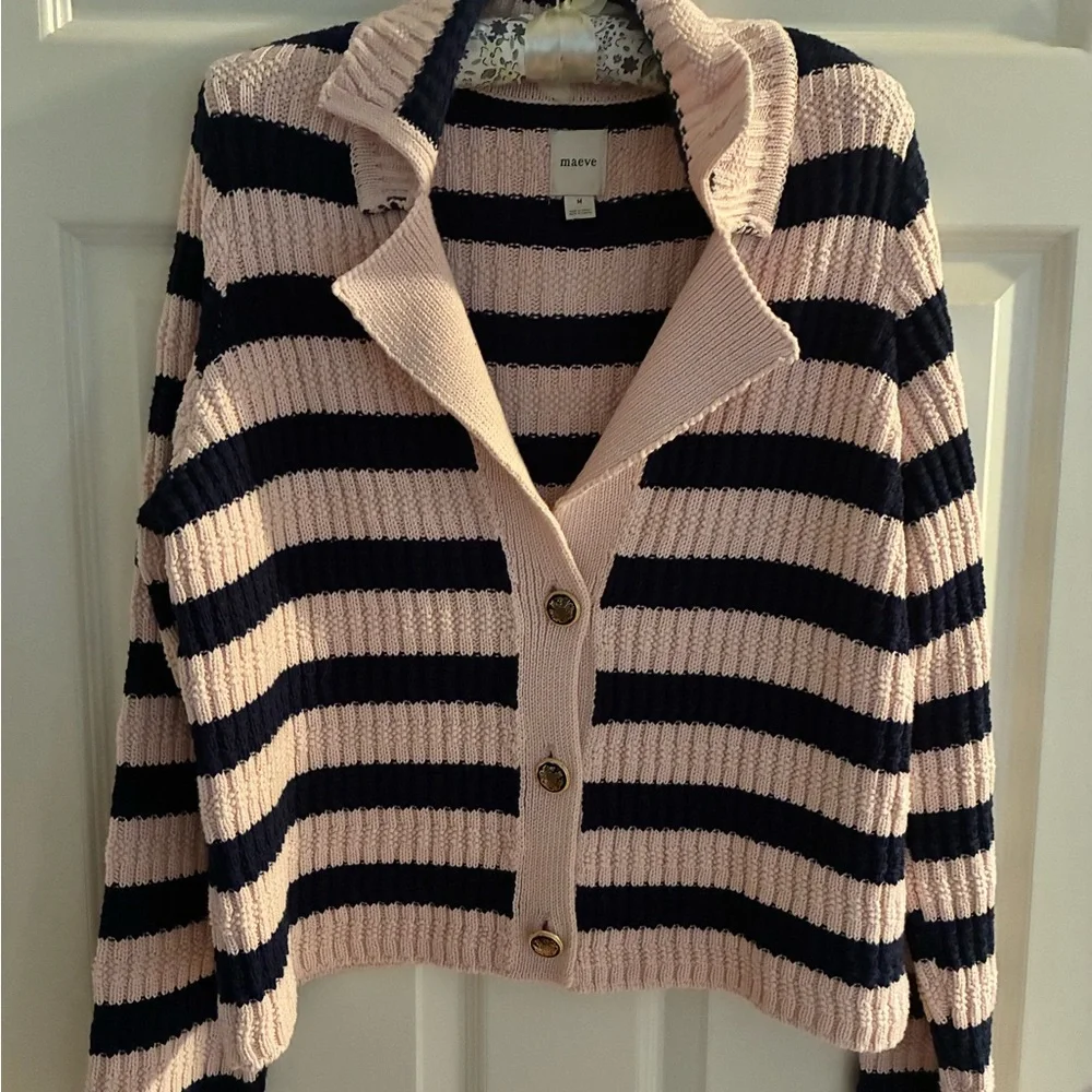 Anthropologie Maeve Greta Pink and Navy Striped Cardigan medium nwot - Picture 4 of 7